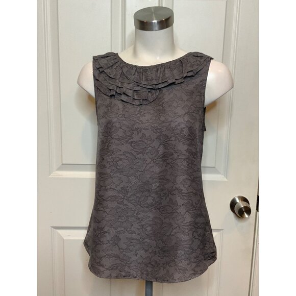 Theory Gray Floral Lace Print Silk Sleeveless Ruffle Top, Size P - Picture 1 of 10